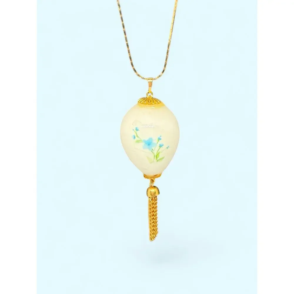 Vintage Victorian Revival Bluebird Faux Porcelain Egg Pendant 28” 80s